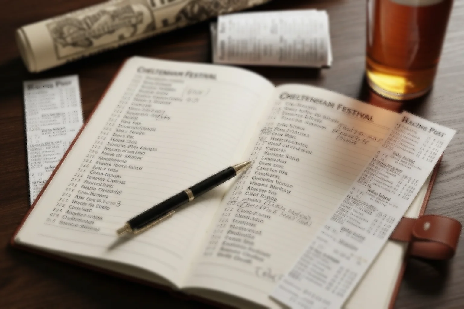 Cheltenham Festival betting data displayed on a notebook with pen and racing form guide