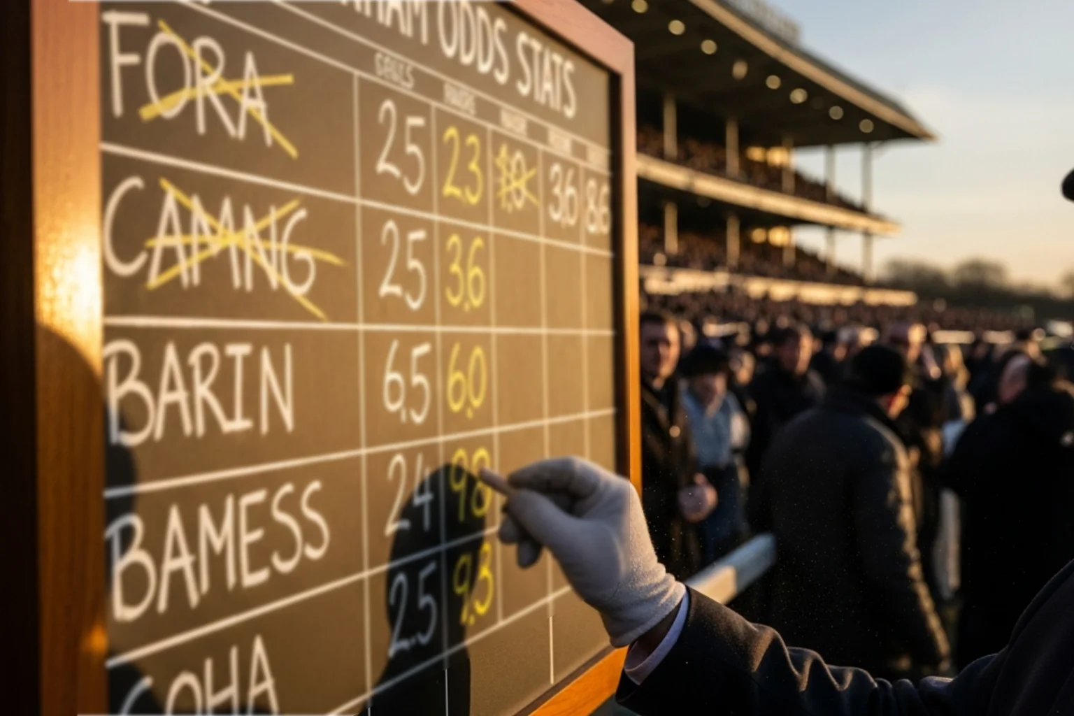Close-up of a bookmaker odds board at Cheltenham with chalked prices