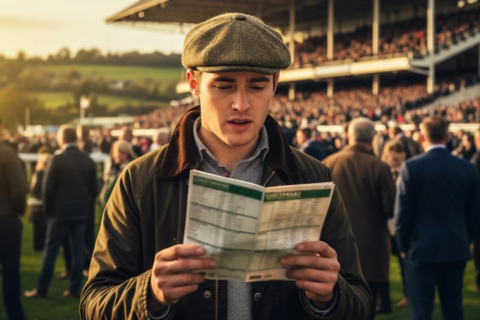 Beginner punter studying a Cheltenham Festival racecard at Prestbury Park