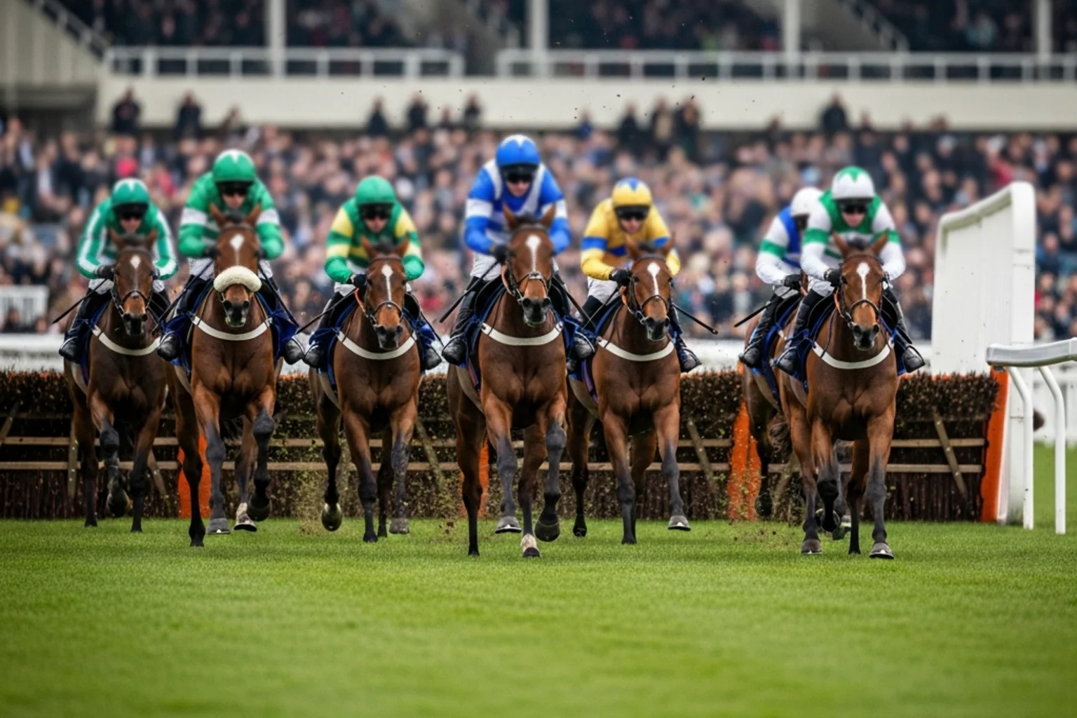 Cheltenham Festival four-day racing programme with runners approaching the finish line at Prestbury Park