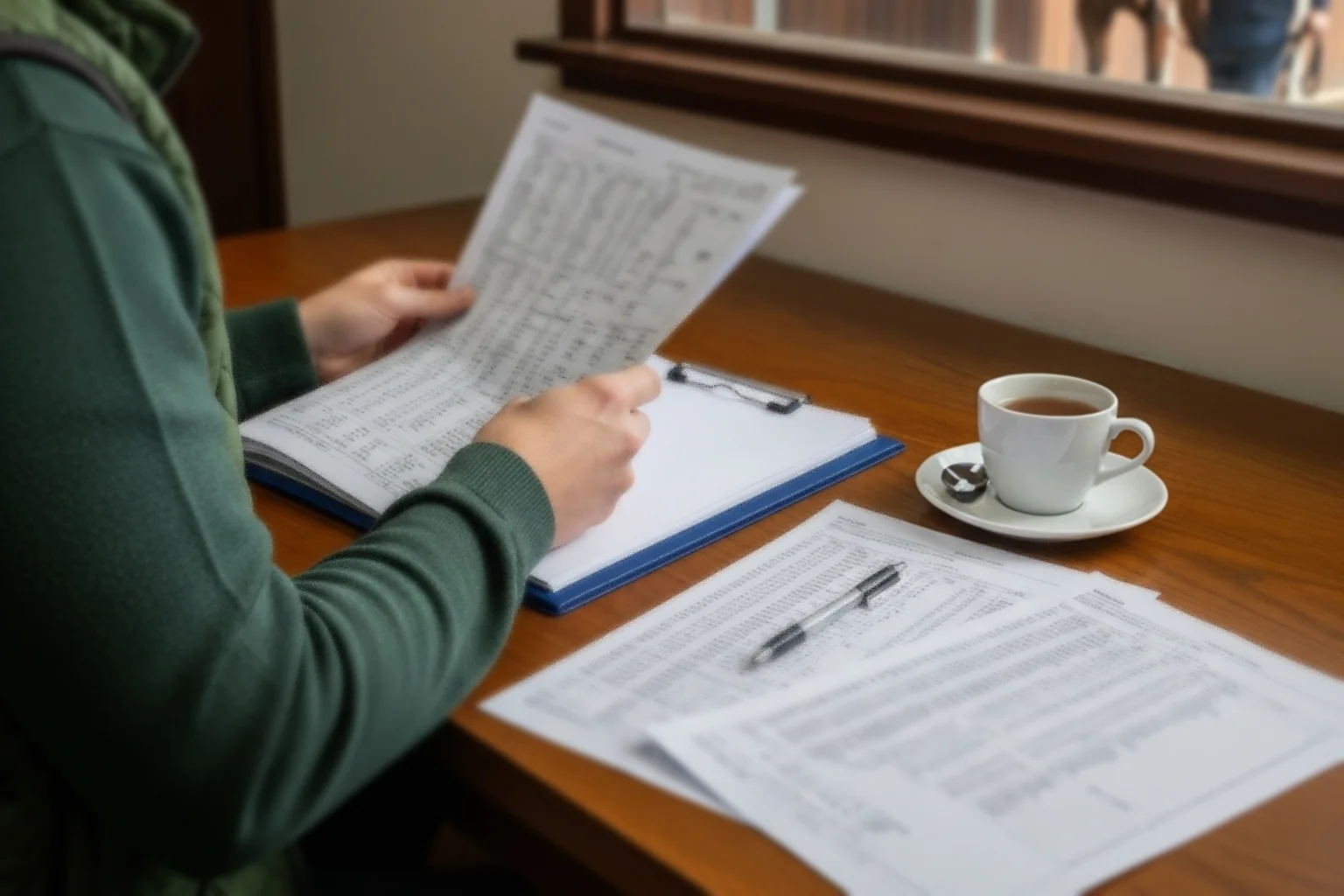 Horse racing form analysis with a trainer reviewing performance notes on a clipboard at a stable yard
