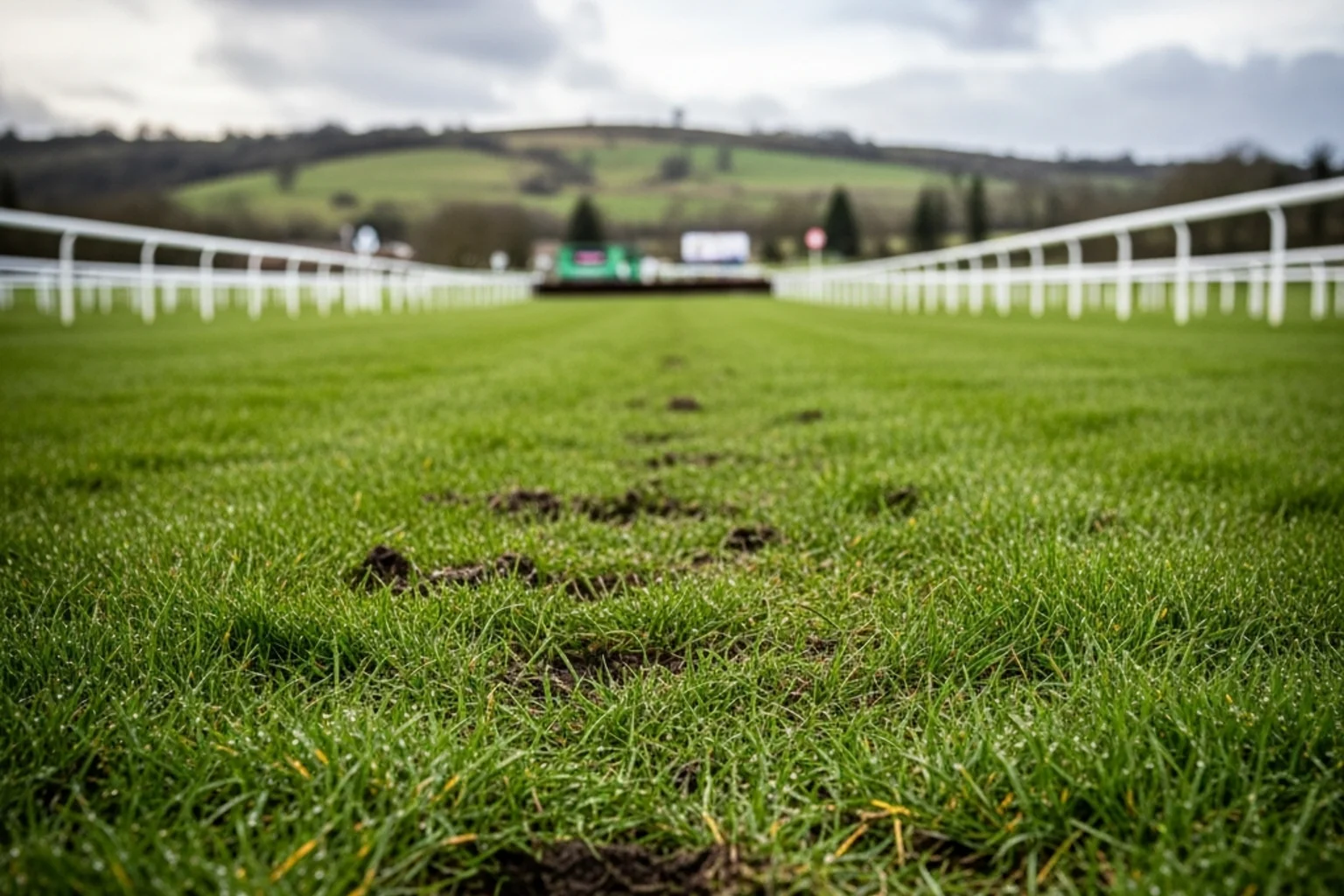 Close-up of soft turf ground at Cheltenham racecourse with visible moisture and green grass