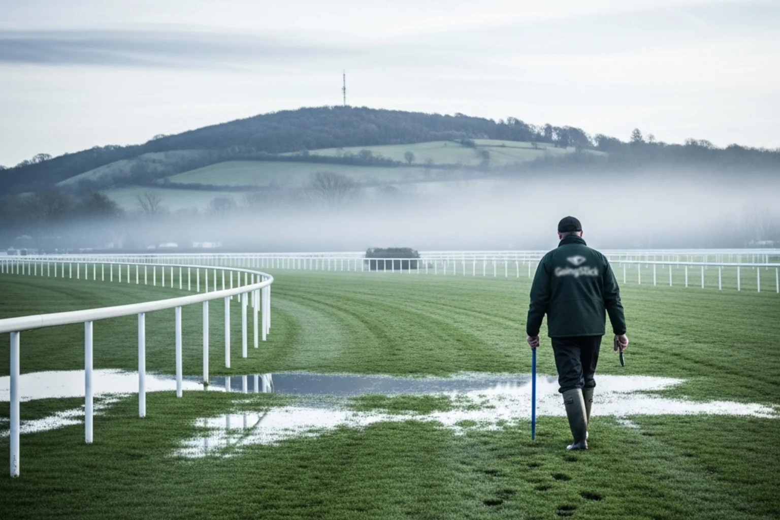 Morning mist over the soft turf at Cheltenham racecourse with Cleeve Hill behind