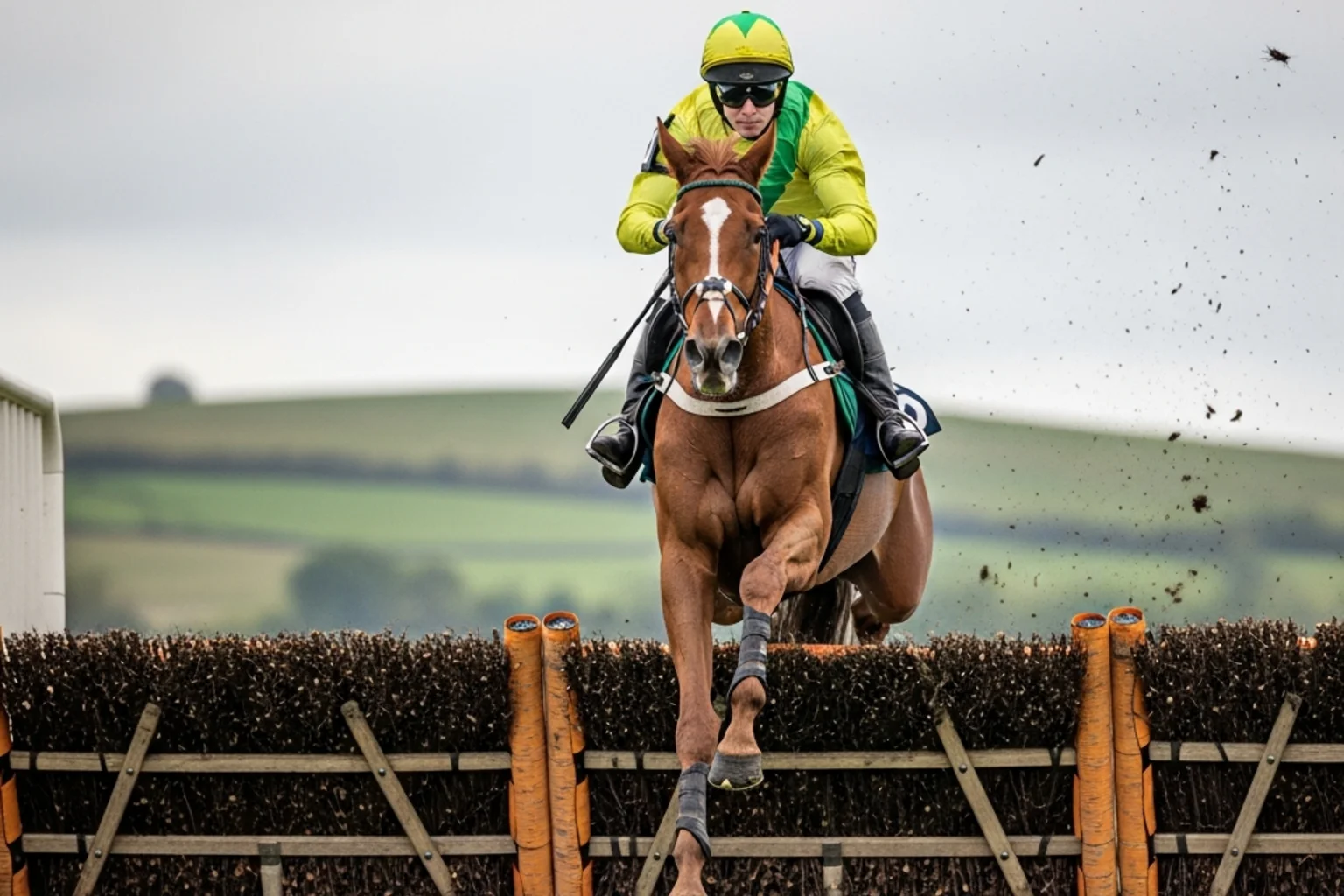 Jockey in racing silks riding a horse over a hurdle fence on a National Hunt racecourse