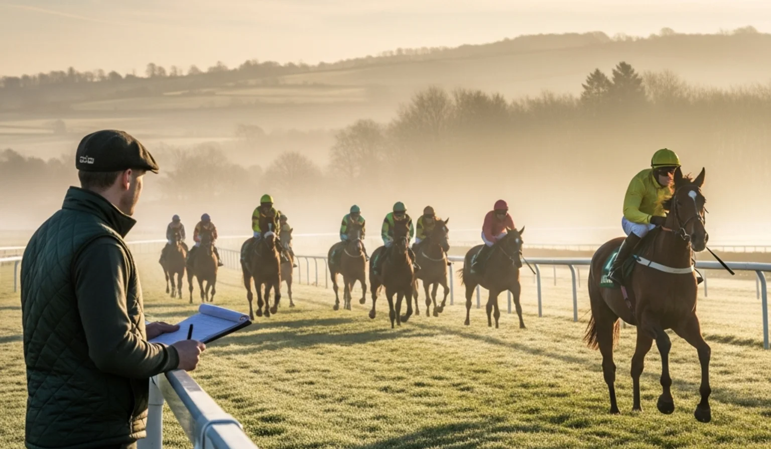 Trainer watching horses gallop on the Cheltenham schooling grounds at dawn